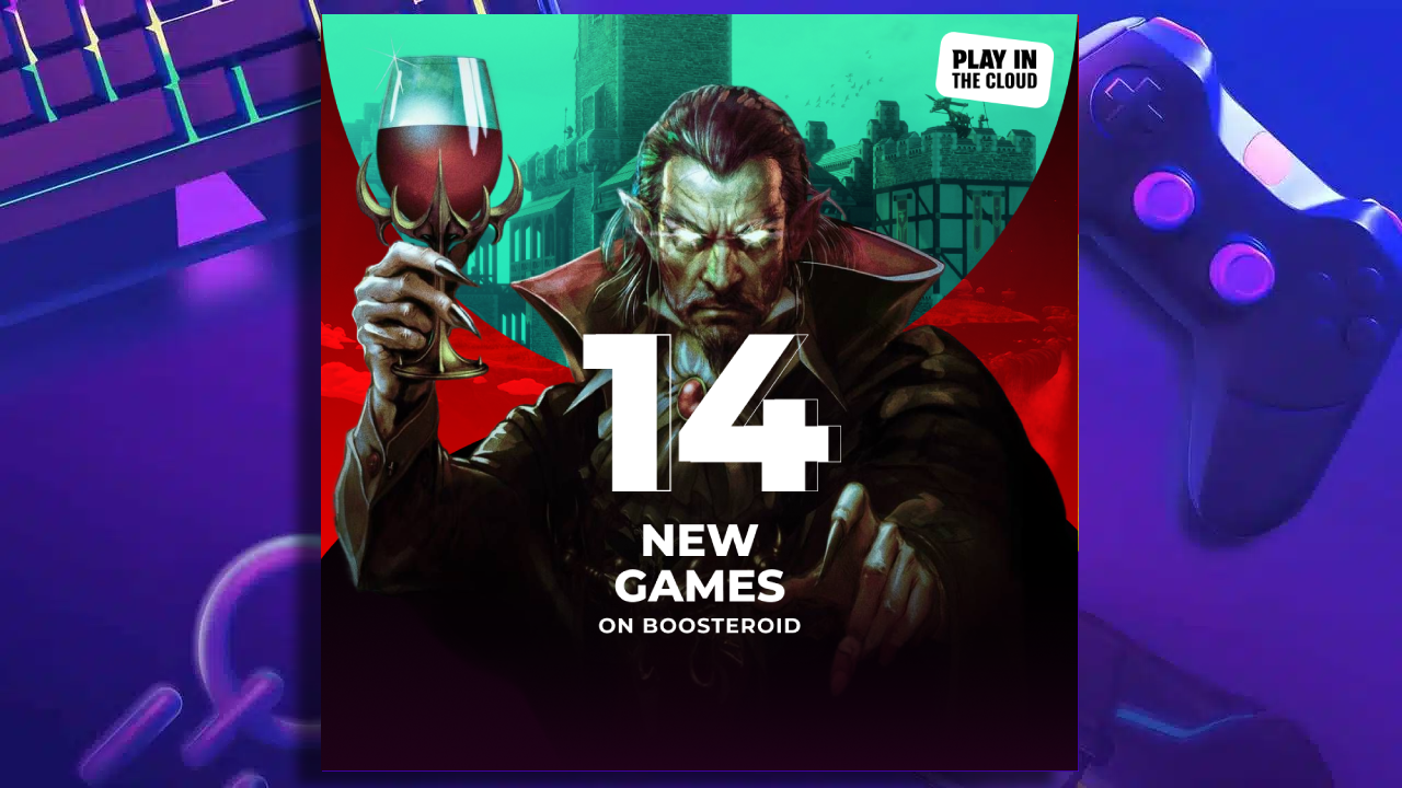 image of a vampire pointing with 14 new games on boosteroid overlayed