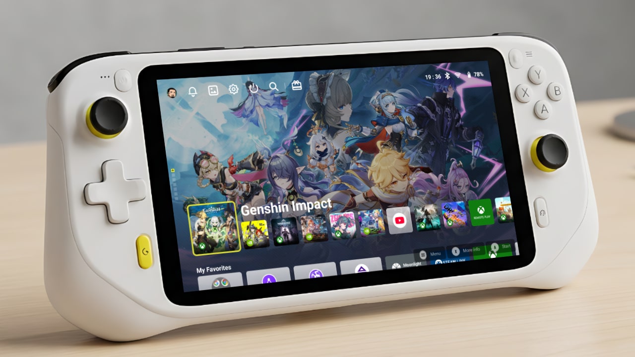A handheld gaming console displays the Genshin Impact game menu on its screen.