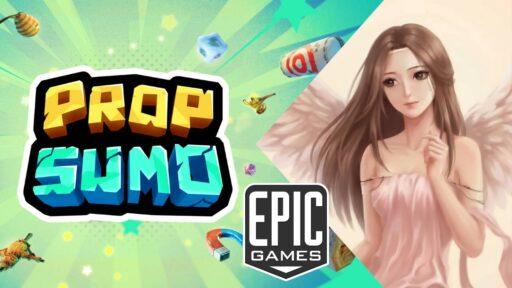 Prop Sumo logo, Epic Games logo, and an anime-style angel girl with long hair and wings on the right, inspired by the excitement of Epic Games Store free games this week.