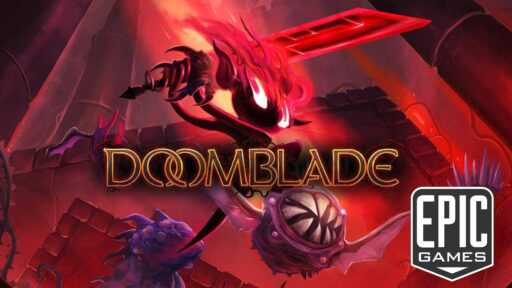 Promotional graphic for the Epic Games Store featuring Gloom Girl and the sentient weapon from the action platformer DOOMBLADE.