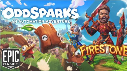 Promotional graphic for the Epic Games Store featuring key art from Oddsparks: An Automation Adventure on the left and Firestone Online Idle RPG on the right side by side.