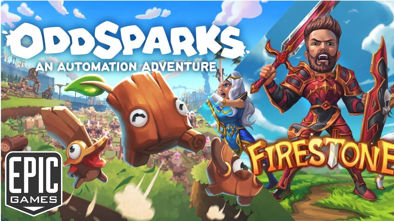 Promotional graphic for the Epic Games Store featuring key art from Oddsparks: An Automation Adventure on the left and Firestone Online Idle RPG on the right side by side.