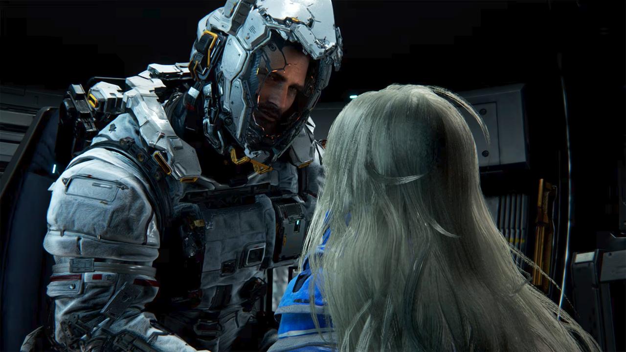 Hugh Williams looking at Diana inside a lunar facility in Pragmata.