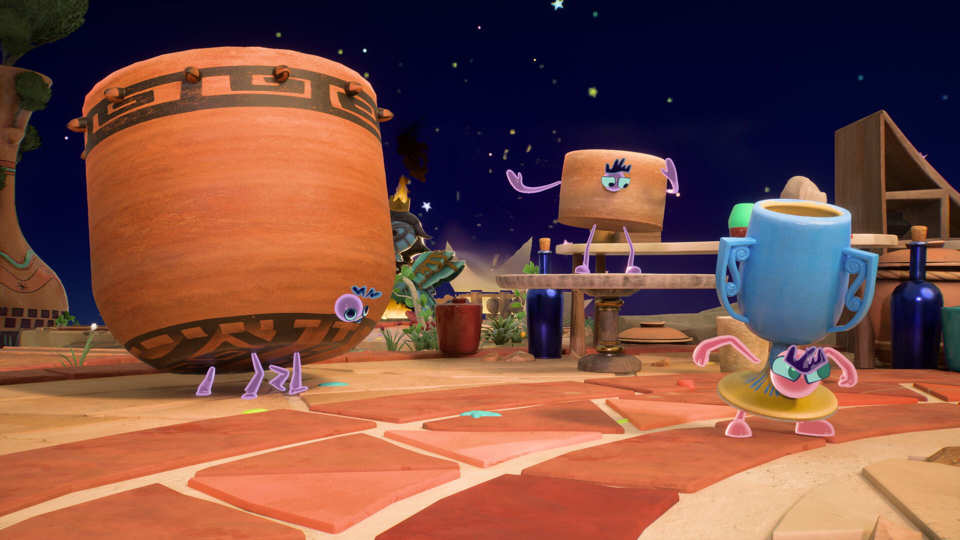 Three custom ceramic fighters, including a massive brown jug and a small blue trophy, stand in a bright outdoor arena in the Kiln video game.
