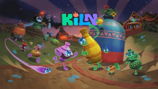 Animated clay pots possessed by glowing spirits run toward a fiery kiln while the villain Celadon watches in the background of the Kiln multiplayer game key art.