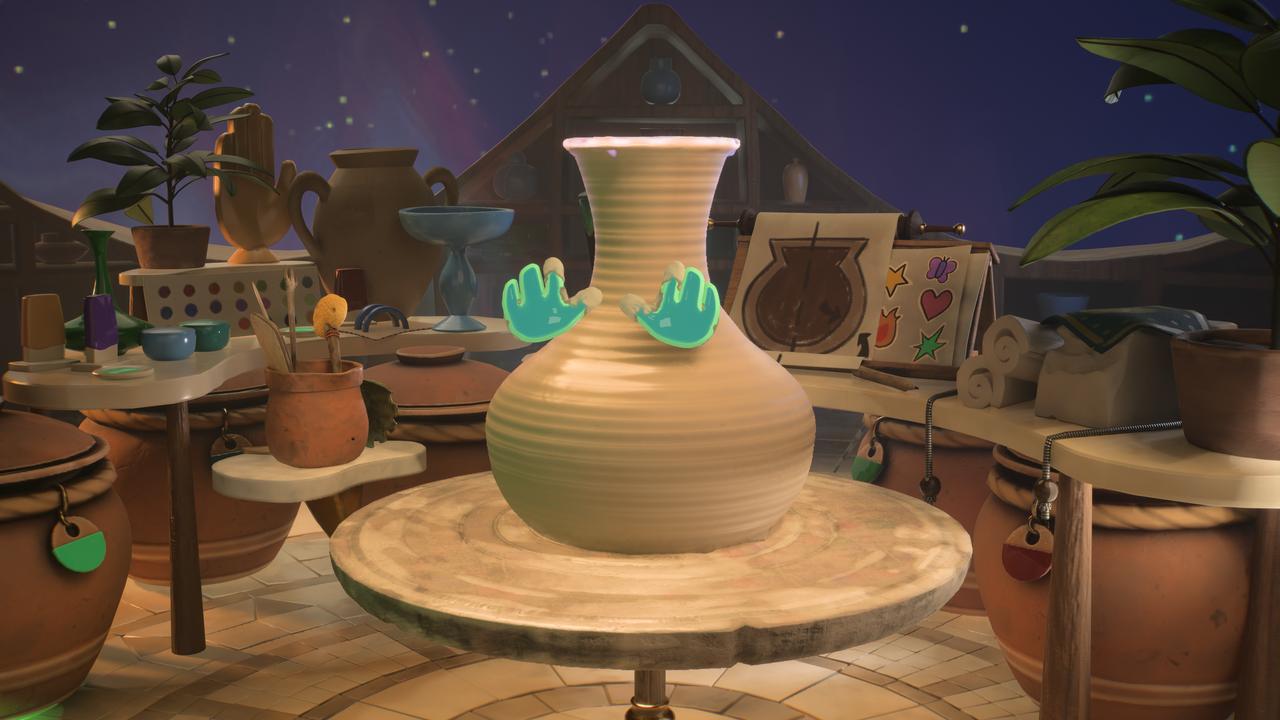 A first-person view of a spirit's ghostly hands shaping a clay vase on a potter's wheel inside The Wedge hub in the Kiln video game.