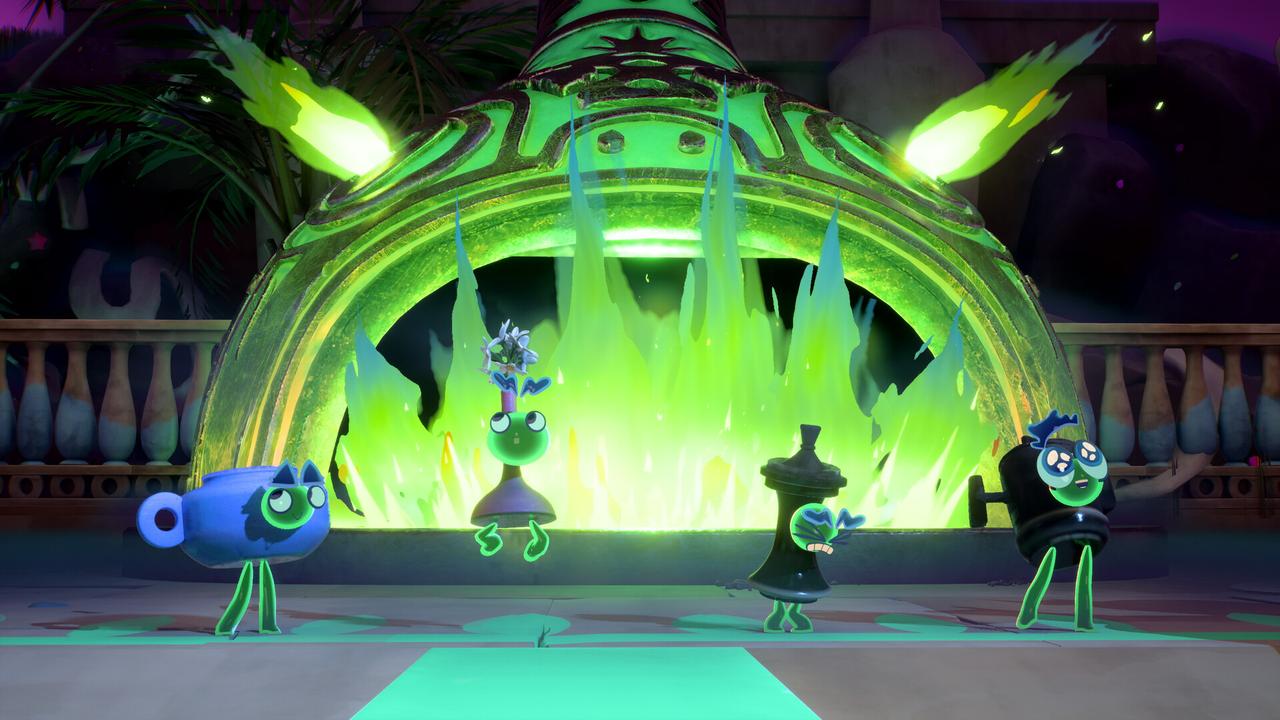 Four custom ceramic fighters stand together in front of a giant roaring kiln with green flames in the Kiln multiplayer game.