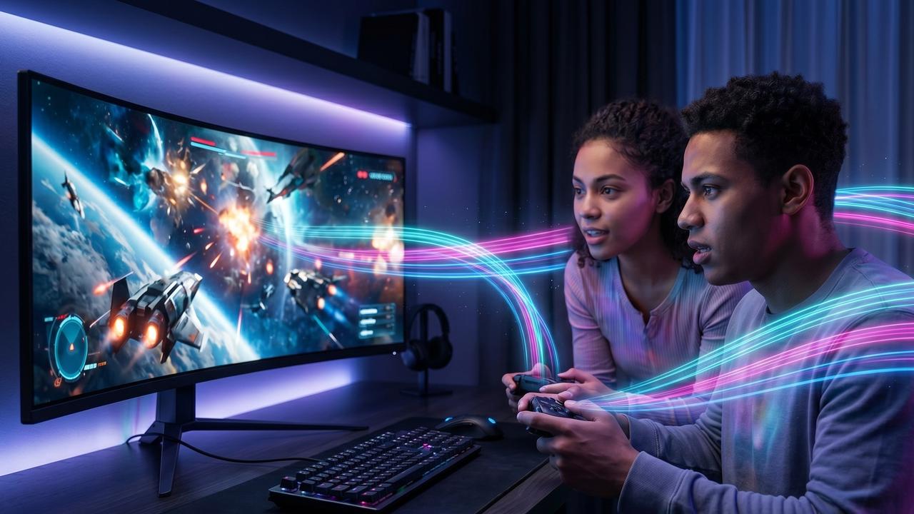 A young man and woman playing an intense sci-fi game on a large curved monitor, with glowing digital light streams representing a fast Wi-Fi 7 connection.