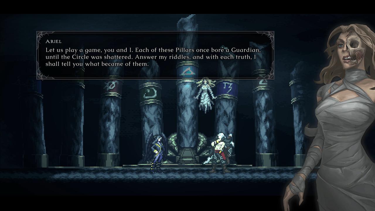 Ariel explains the history of the Pillars to Elaleth and Raziel in a scene from Legacy of Kain: Ascendance.