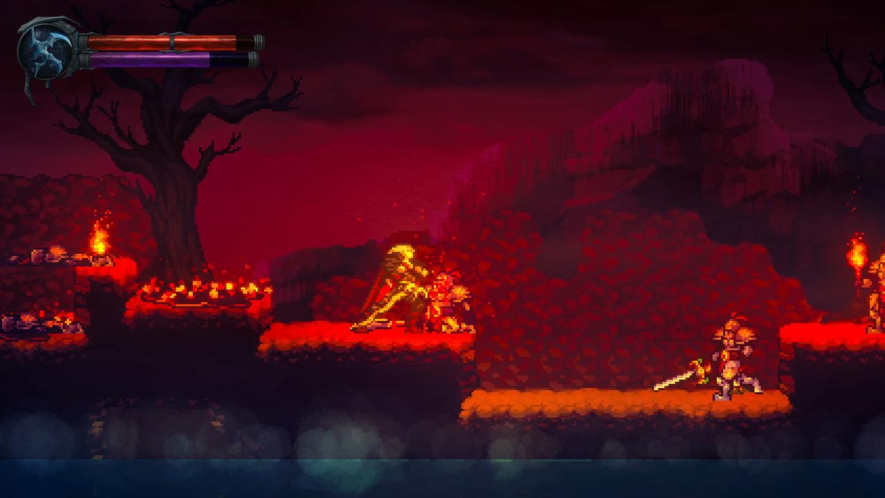 Kain attacks an enemy in a red-tinted 16-bit pixel art level in Legacy of Kain: Ascendance.