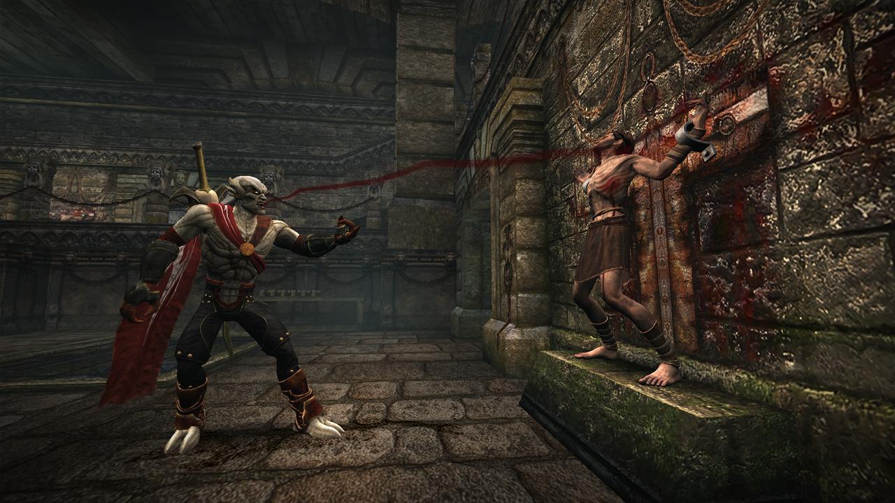 Kain telekinetically drains blood from a chained captive in a stone dungeon in Legacy of Kain: Defiance Remastered.
