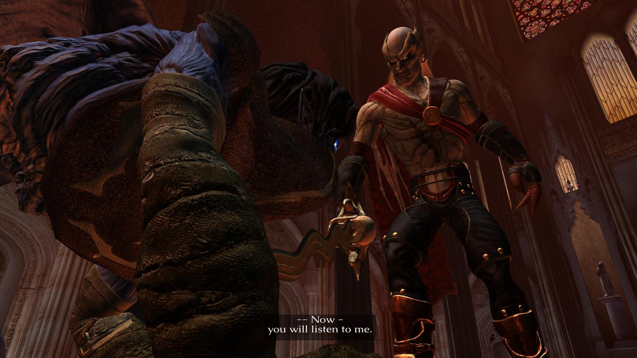 Kain stands over Raziel holding the Soul Reaver during a tense encounter in Legacy of Kain: Defiance Remastered.