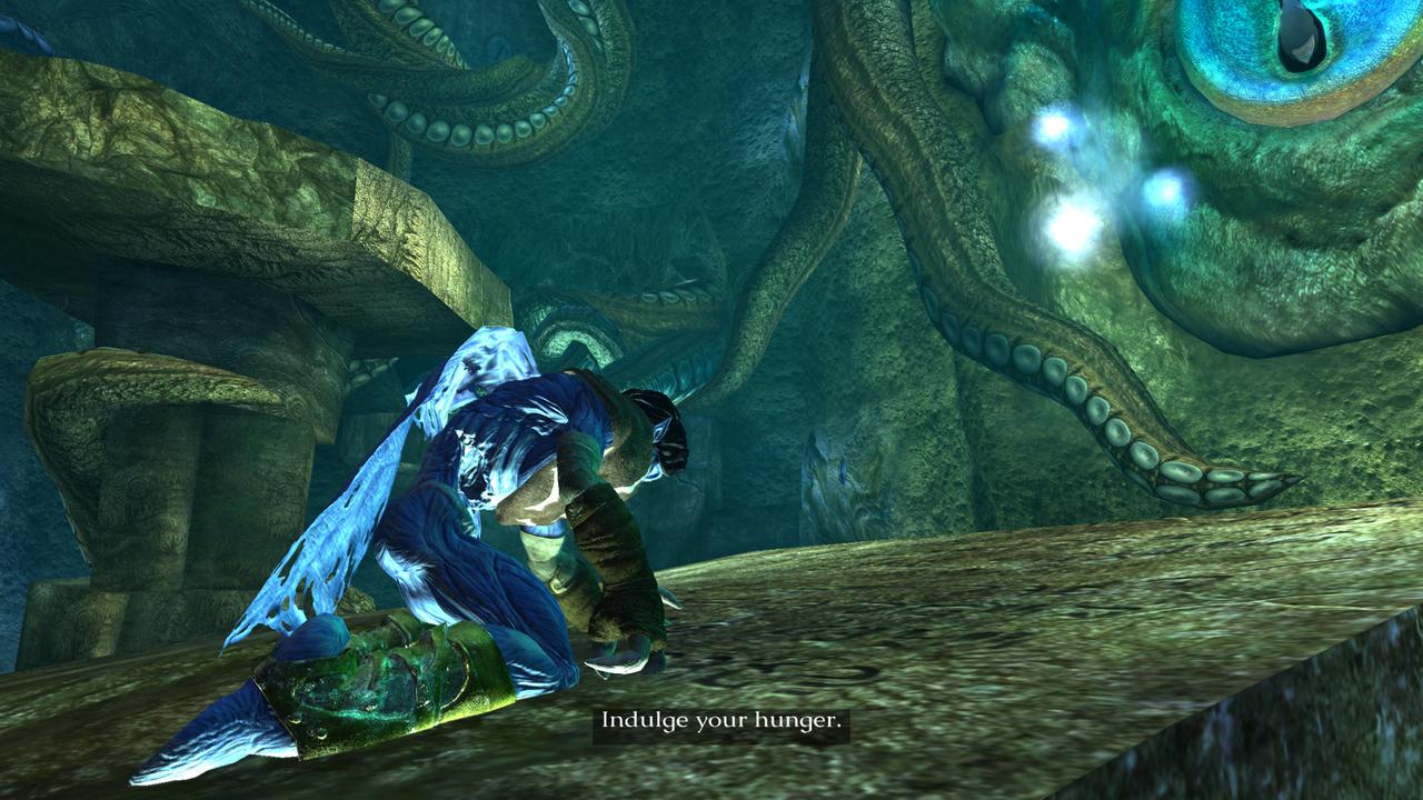 Raziel kneels before the giant tentacles and eye of the Elder God in Legacy of Kain: Defiance Remastered.