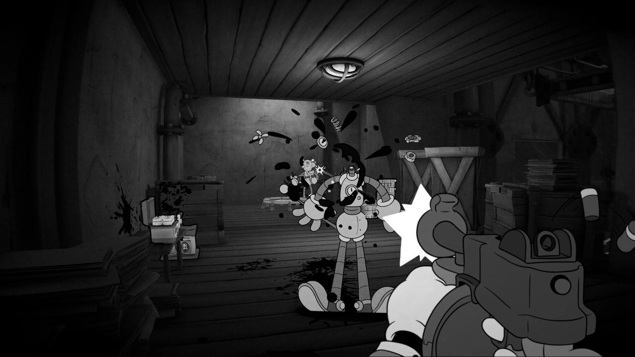 Jack Pepper shooting a mechanical enemy with ink splatter effects in MOUSE P.I. first-person gameplay.