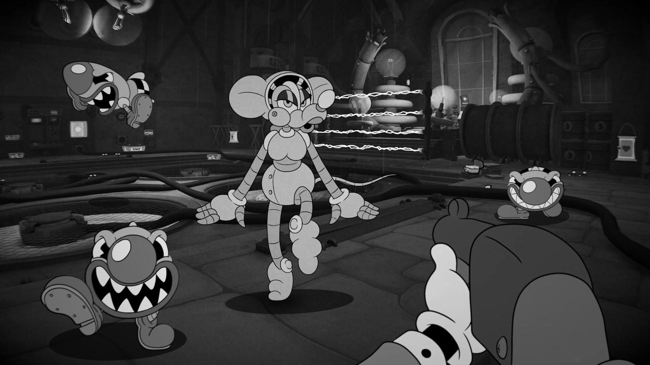 A first-person view of the mechanical Robo-Betty boss in a MOUSE P.I. laboratory level.