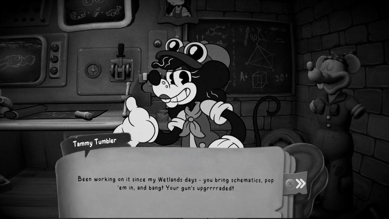 Tammy Tumbler talking to Jack Pepper in a MOUSE P.I. story cinematic.