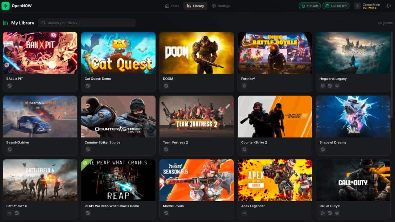 A screenshot of the OpenNOW client showing the My Library screen with games like DOOM, Fortnite, and Hogwarts Legacy in a dark-themed grid.