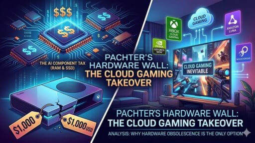 A split-screen graphic showing a high-priced $1,000 gaming console and AI chips on the left, contrasted with a smart TV displaying cloud gaming services like Xbox, GeForce NOW, and Boosteroid on the right, illustrating Michael Pachter's hardware wall theory.