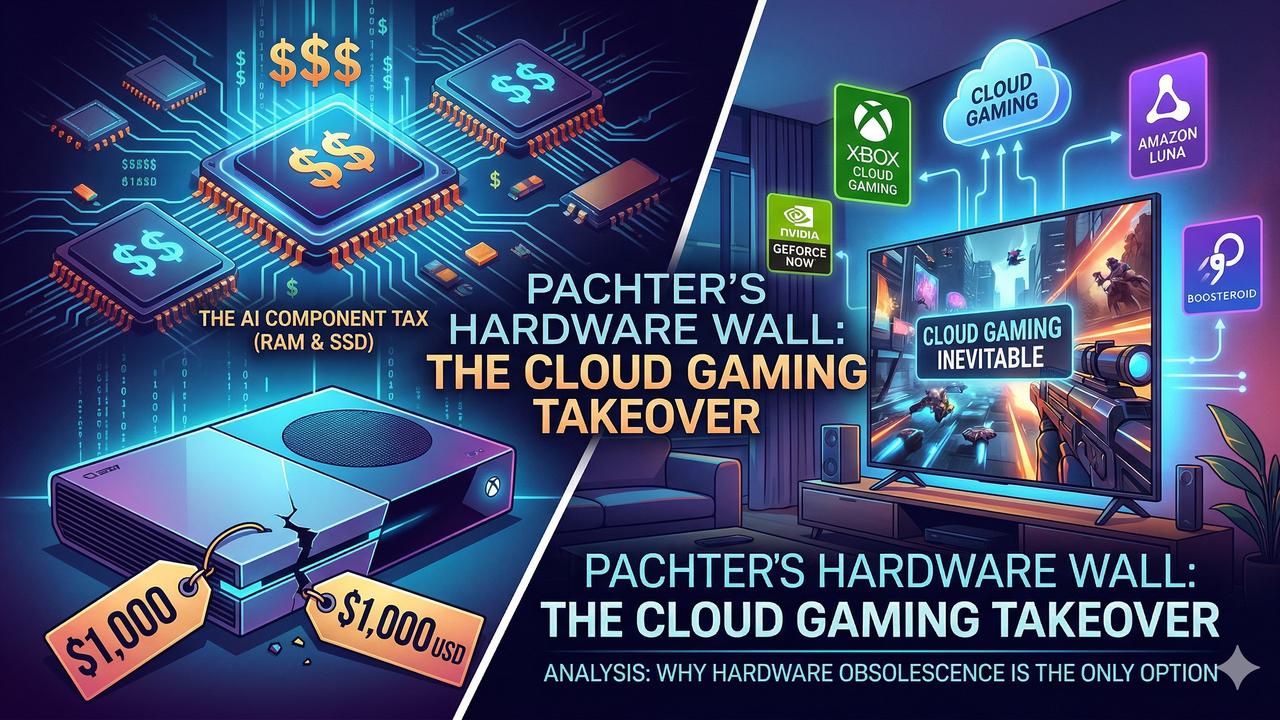 A split-screen graphic showing a high-priced $1,000 gaming console and AI chips on the left, contrasted with a smart TV displaying cloud gaming services like Xbox, GeForce NOW, and Boosteroid on the right, illustrating Michael Pachter's hardware wall theory.