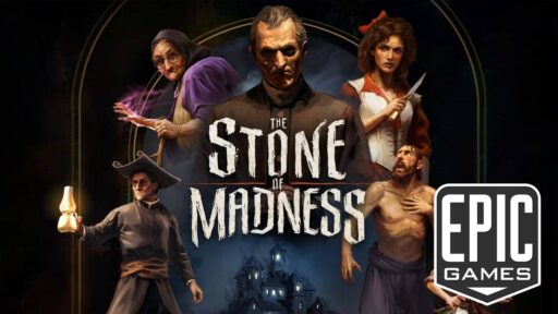 Promotional graphic for the Epic Games Store featuring the five main characters from The Stone of Madness tactical stealth game.