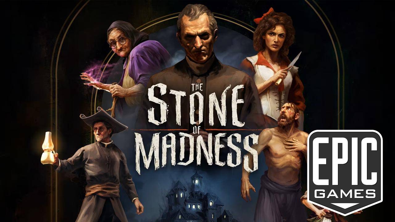 Promotional graphic for the Epic Games Store featuring the five main characters from The Stone of Madness tactical stealth game.