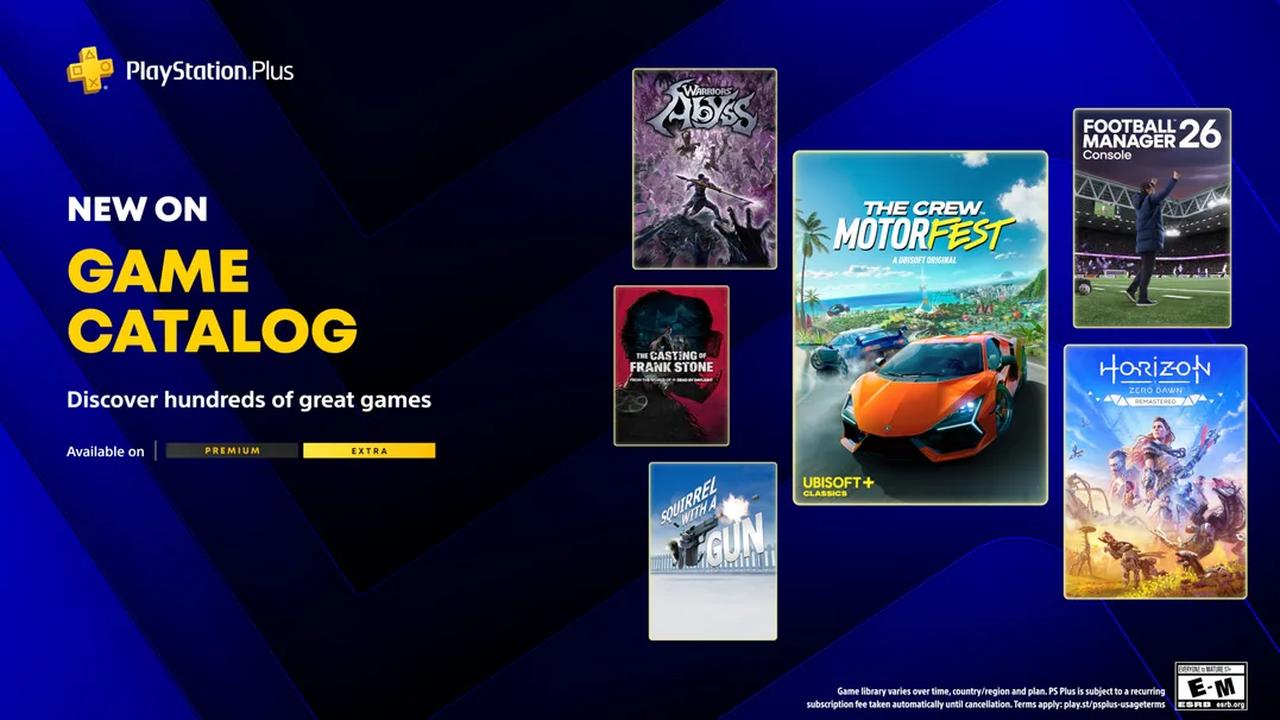 Promotional graphic for the April 2026 PlayStation Plus Game Catalog showing game covers for The Crew Motorfest, Horizon Zero Dawn Remastered, Football Manager 26 Console, and others.
