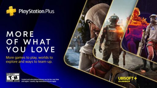 Promotional banner for PlayStation Plus campaign titled More of What You Love featuring game characters from Assassin's Creed and The Division.