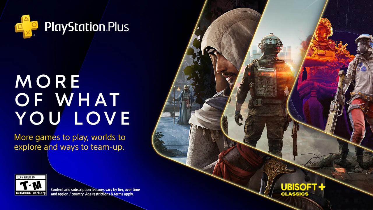 Promotional banner for PlayStation Plus campaign titled More of What You Love featuring game characters from Assassin's Creed and The Division.