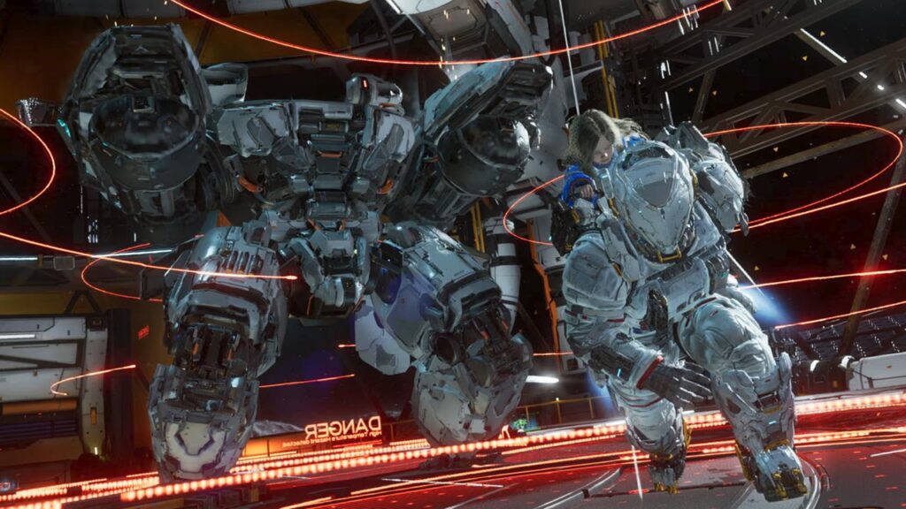 Hugh carrying Diana as they face a large robot in Pragmata on the Nintendo Switch 2.