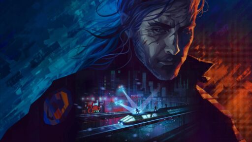 Stylized key art for REPLACED showing a close-up of Warren Marsh against a neon backdrop of Phoenix City and a high-speed train.