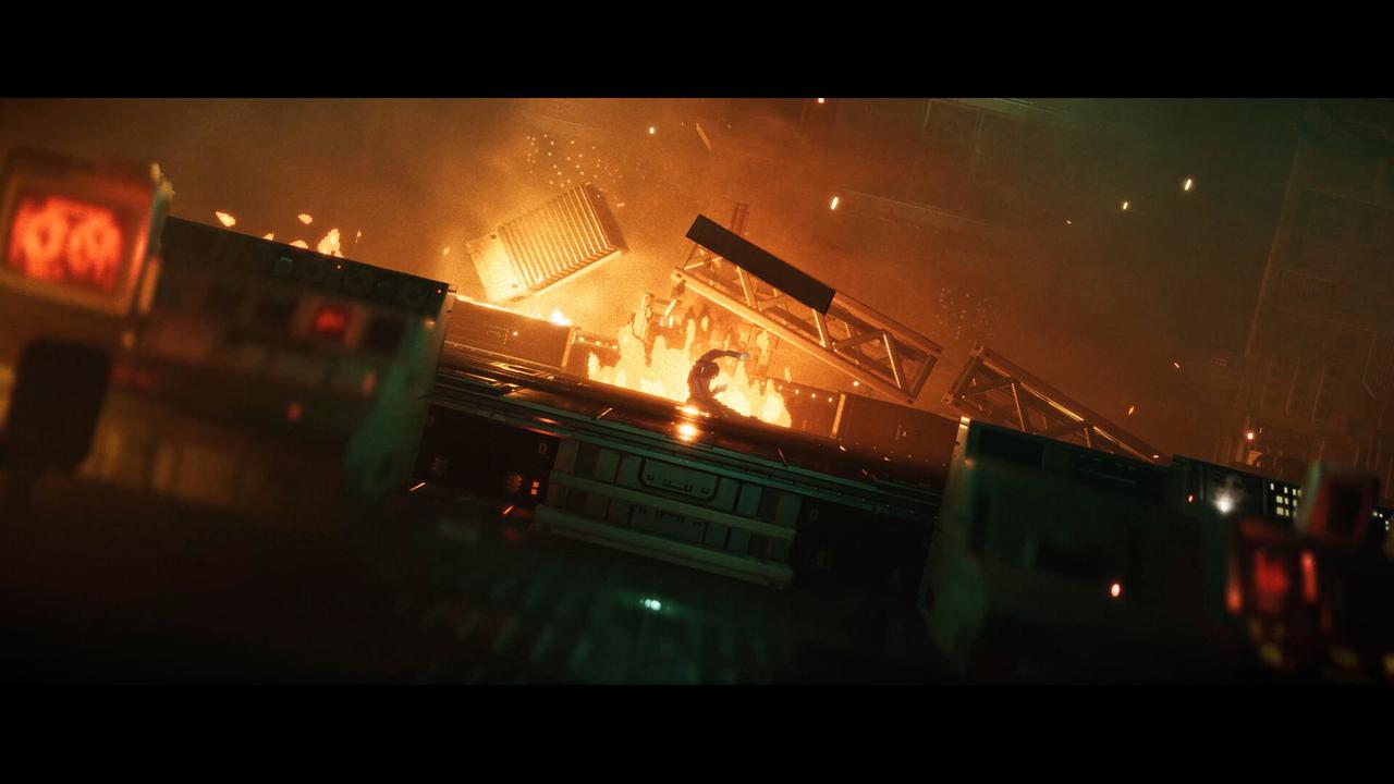 Cinematic gameplay in REPLACED showing a character navigating a hallway filled with explosions, fire, and falling debris.