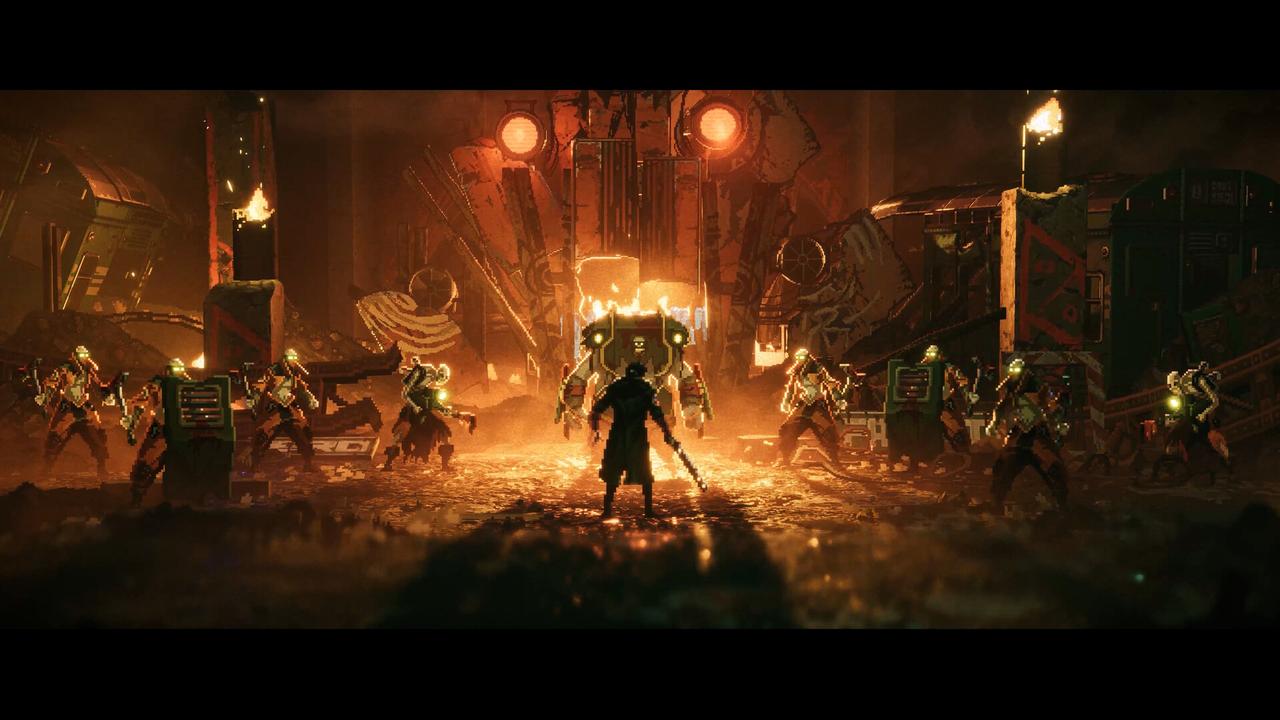 Warren Marsh facing a squad of glowing enemies in a fiery, industrial tunnel in REPLACED, highlighting the 2.5D lighting and environmental detail.