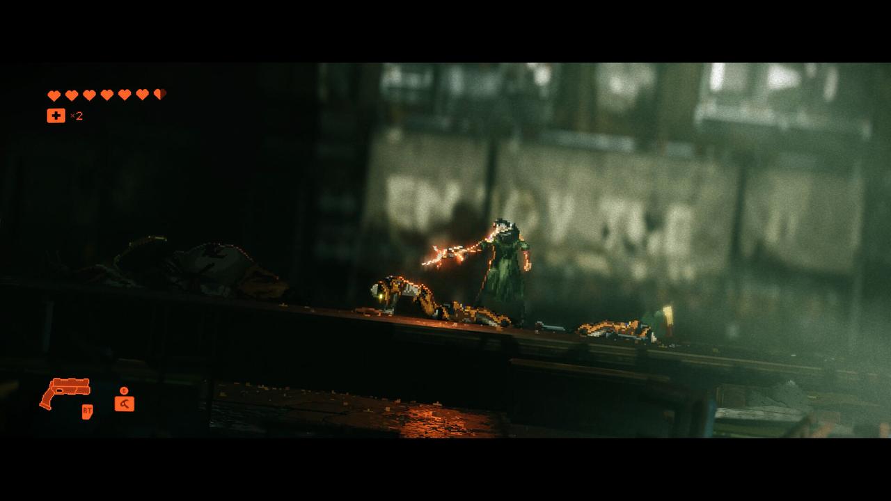 Warren Marsh standing over defeated enemies in a dark, hazy corridor in REPLACED, showcasing the game's detailed 2.5D pixel art and orange HUD elements.