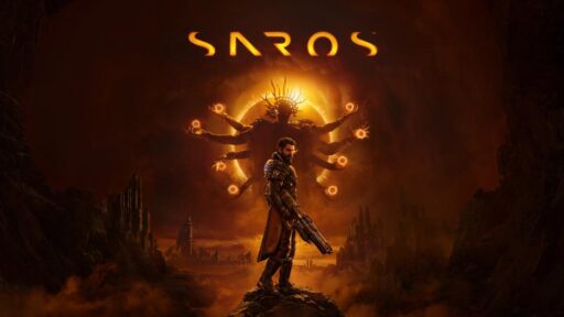 Arjun Devraj, a Soltari Enforcer, stands on a rocky peak on the planet Carcosa beneath a dark sun ringed by an orange eclipse in the video game Saros for PlayStation 5.