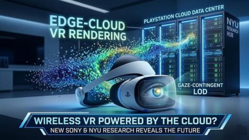 A wireless VR headset transmitting a detailed 3D point-cloud data stream to a remote PlayStation Cloud server rack via an eye-tracking laser.