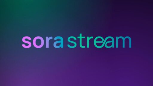 The official Sora Stream logo featuring a vibrant pink, blue, and teal gradient text on a dark purple background.