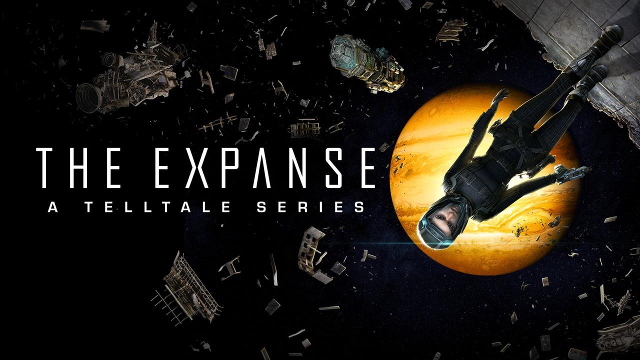 Camina Drummer in her space suit floats past debris and a giant orange planet in the official art for The Expanse: A Telltale Series review.