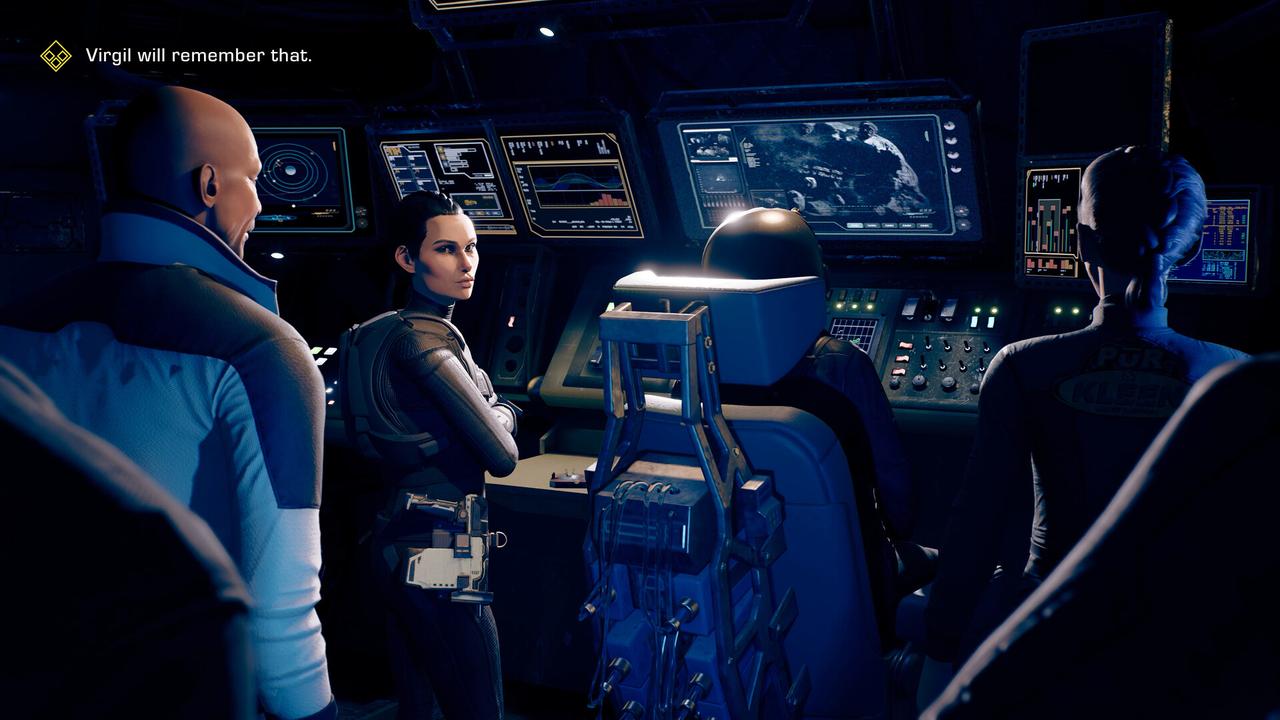 Several crew members stand on the bridge of the Artemis ship with a "Virgil will remember that" prompt visible on screen in The Expanse: A Telltale Series.