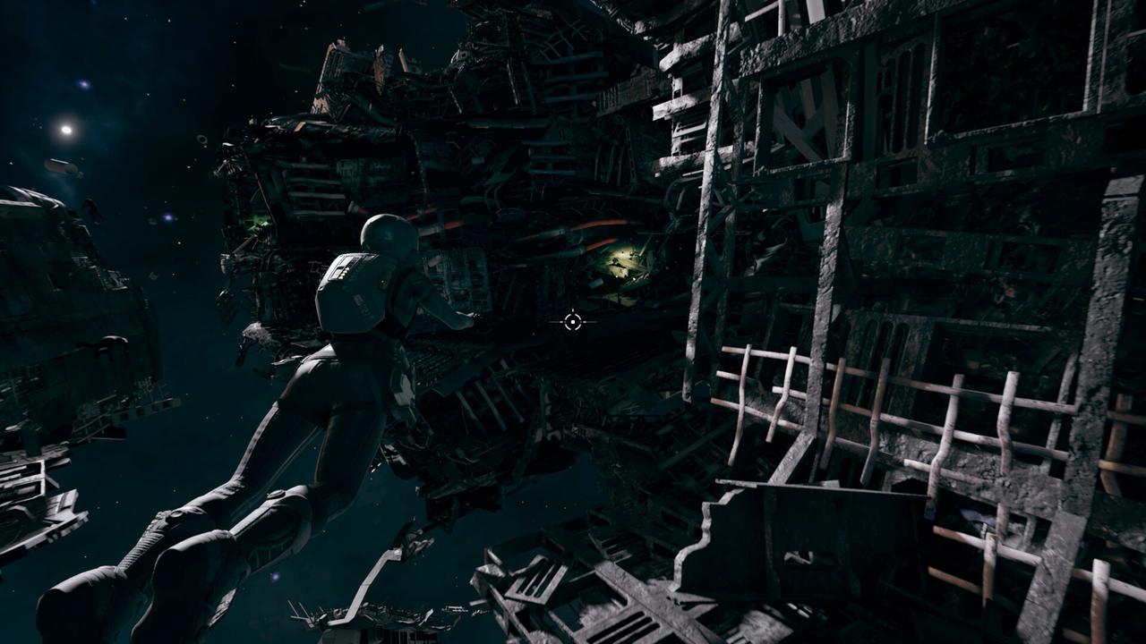 Camina Drummer uses her thruster pack to float toward a dark, industrial ship wreckage in zero gravity in The Expanse: A Telltale Series.