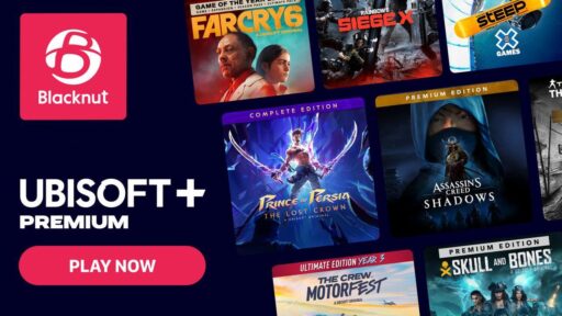 Promotional graphic announcing Ubisoft+ Premium is now available on Blacknut in Mexico, featuring characters from Assassin's Creed Shadows and Star Wars Outlaws.