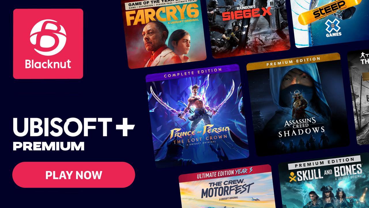 Promotional graphic announcing Ubisoft+ Premium is now available on Blacknut in Mexico, featuring characters from Assassin's Creed Shadows and Star Wars Outlaws.