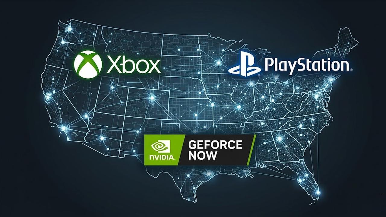 A digital map of the United States featuring the Xbox, PlayStation, and NVIDIA GeFoce NOW logos to represent the expansion of cloud gaming ecosystems.