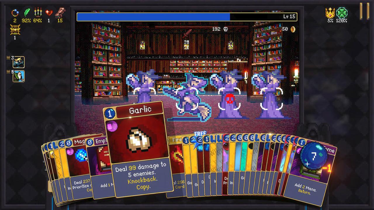 Turn-based card combat in Vampire Crawlers: The Turbo Wildcard from Vampire Survivors showing a hand of cards and the Garlic card with its mana cost.
