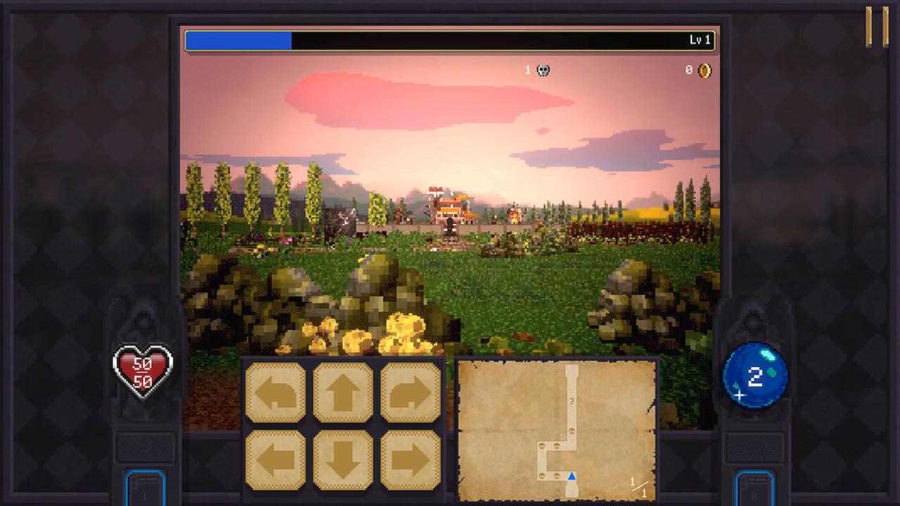 First-person gameplay in Vampire Crawlers: The Turbo Wildcard from Vampire Survivors showing the grid-based navigation map and directional arrows.