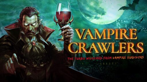The official key art for Vampire Crawlers: The Turbo Wildcard from Vampire Survivors featuring a vampire holding a goblet under a full moon.