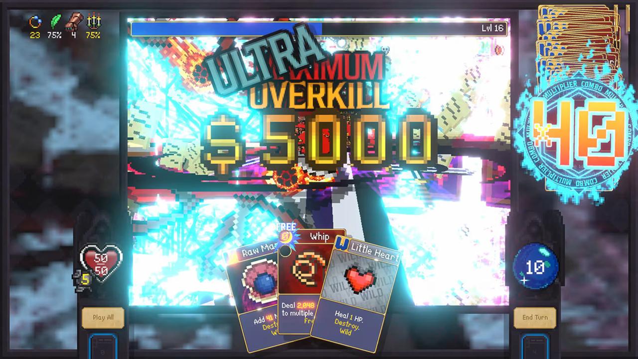 A high-action combat screen from Vampire Crawlers: The Turbo Wildcard from Vampire Survivors showing an Ultra Maximum Overkill with large damage numbers and particle effects.