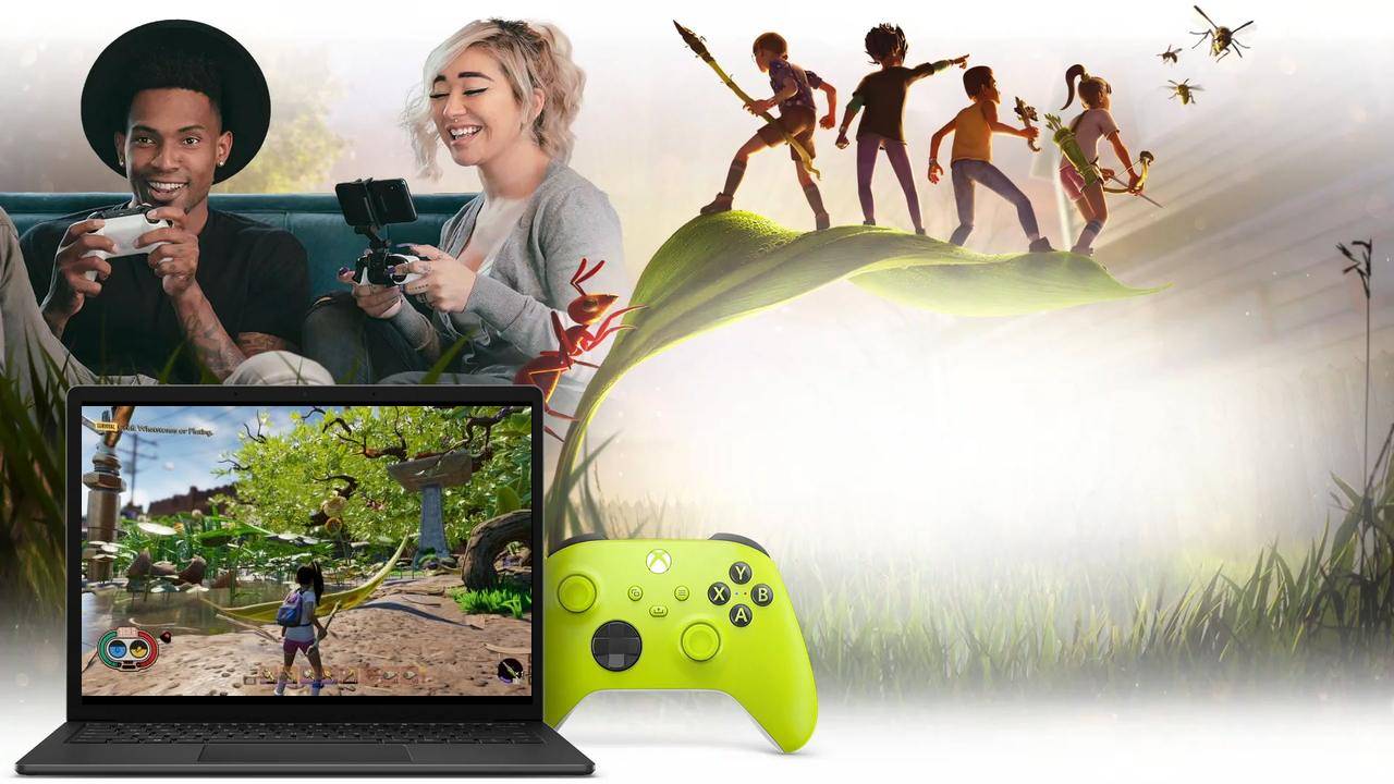 People using Xbox Cloud Gaming on a mobile phone and laptop with a lime green controller to show the platform's cross-device stability.