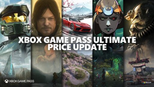 Promotional banner showing Master Chief, Norman Reedus, and several Game Pass titles with the text Xbox Game Pass Ultimate Price Update.