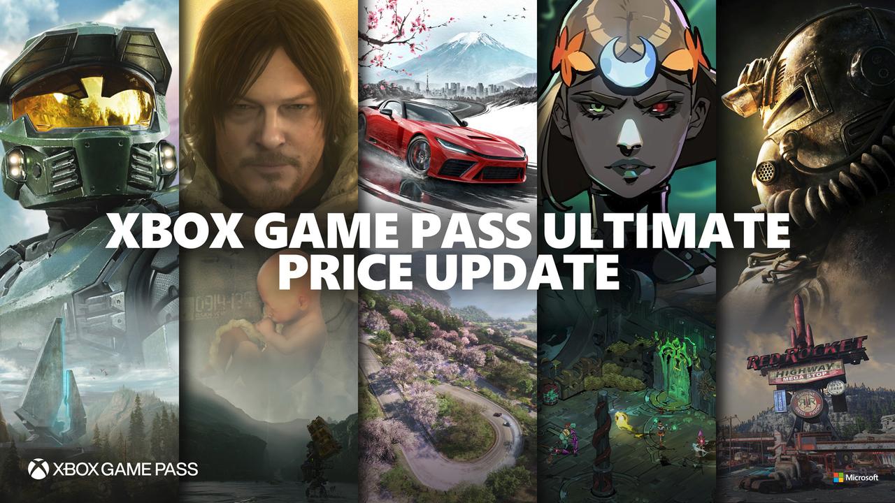 Promotional banner showing Master Chief, Norman Reedus, and several Game Pass titles with the text Xbox Game Pass Ultimate Price Update.