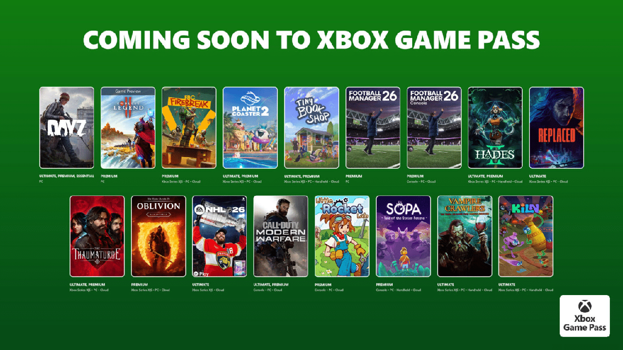 Xbox Game Pass promo showing upcoming game covers, including DayZ, Flock, Sopa, Oblivion, and Call of Duty.
